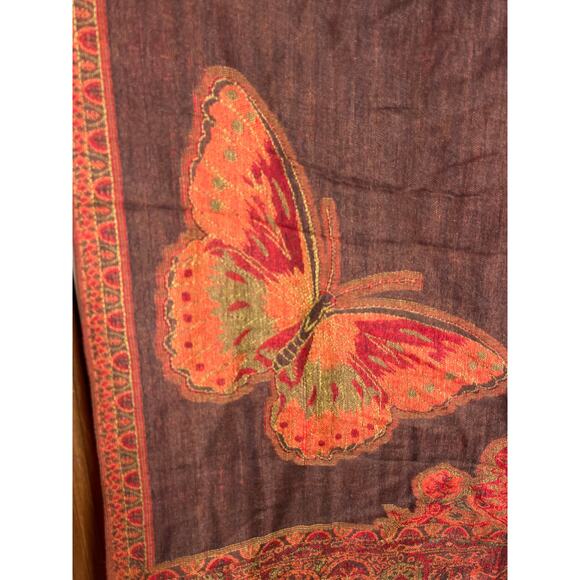 Pashmina Oversize Scarf Brown Red Orange Butterfly Floral Fringe - Picture 4 of 7